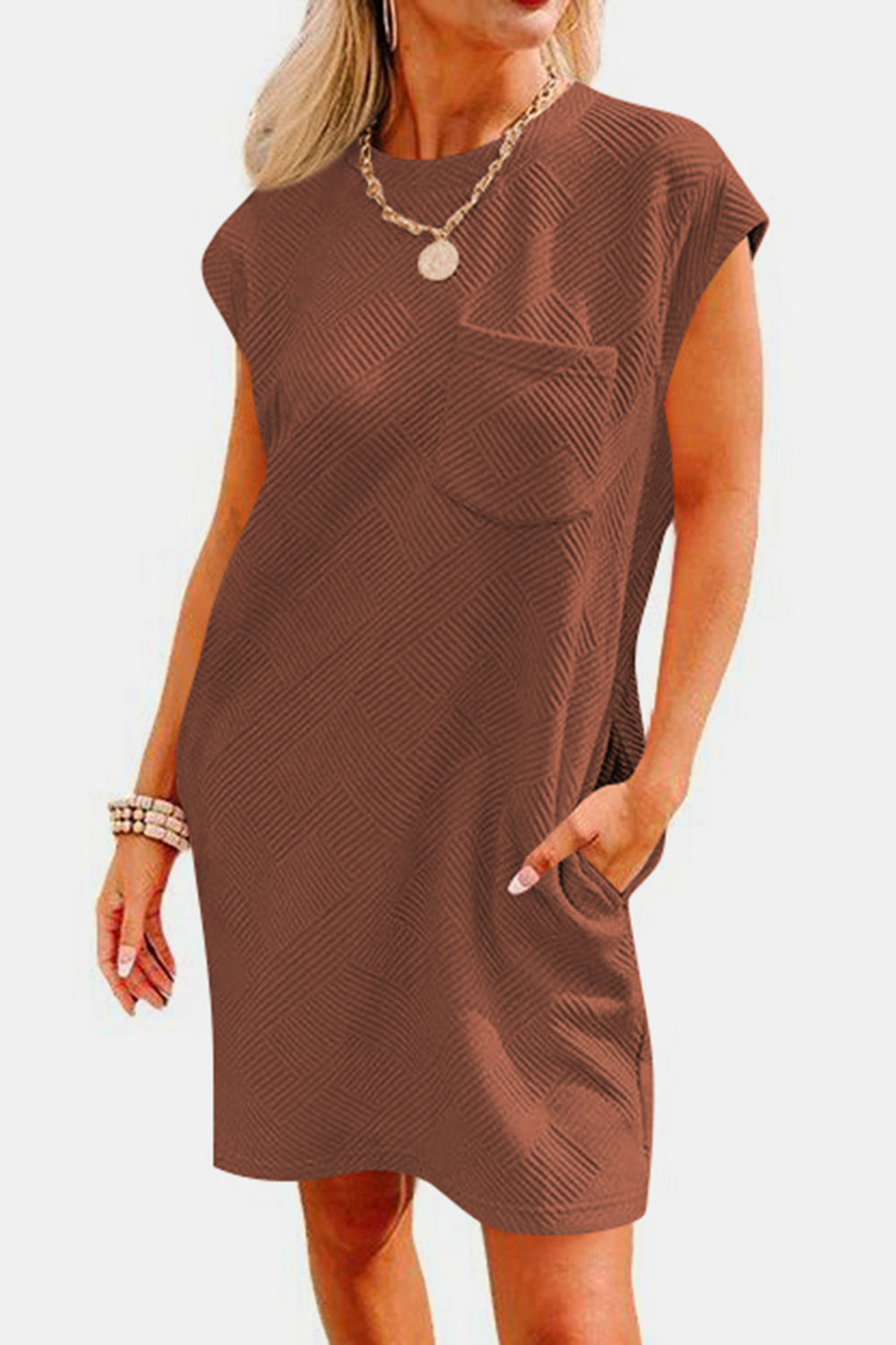 Textured round neck cap sleeve dress