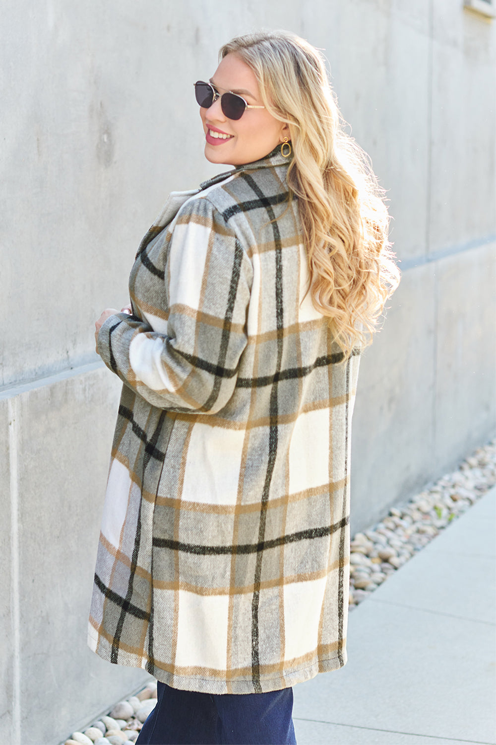 Double take full size plaid button up lapel collar coat