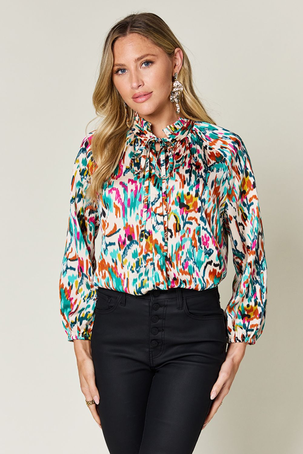 Double take full size printed button up long sleeve shirt - teal / s