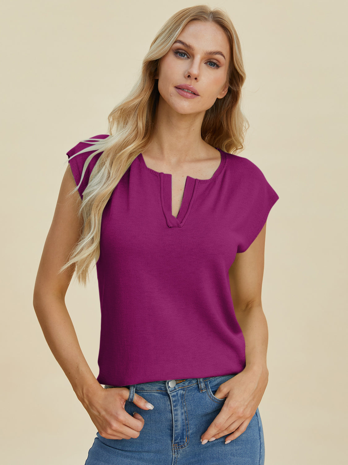 Double take full size notched cap sleeve knit top - deep purple / s