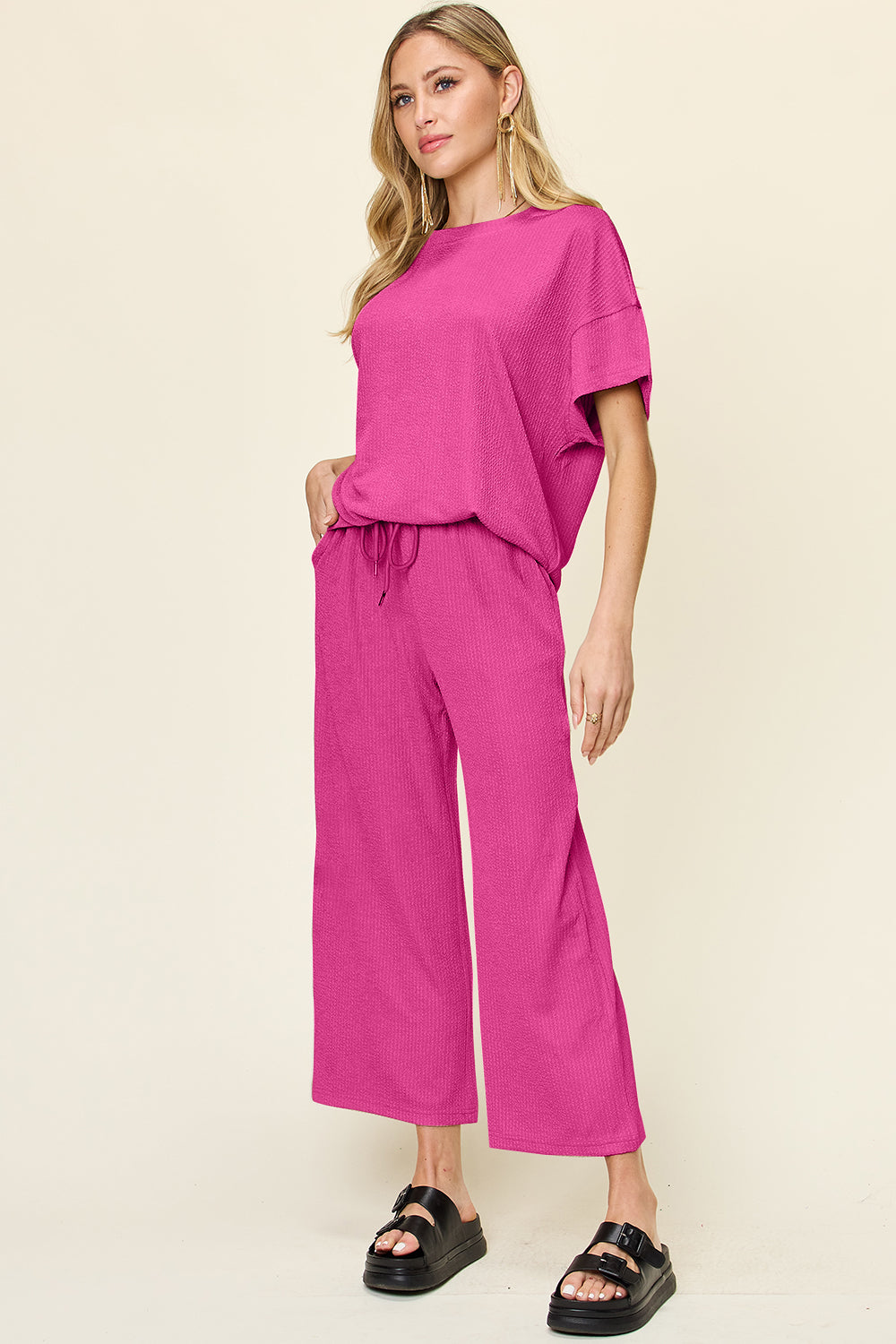 Double take full size texture round neck short sleeve t-shirt and wide leg pants - hot pink / s