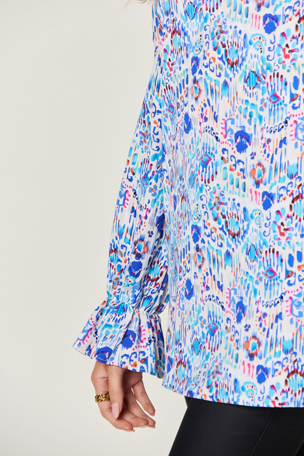 Double take full size printed flounce sleeve blouse