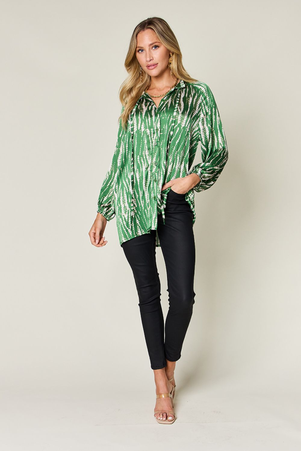 Double take full size printed button up long sleeve shirt