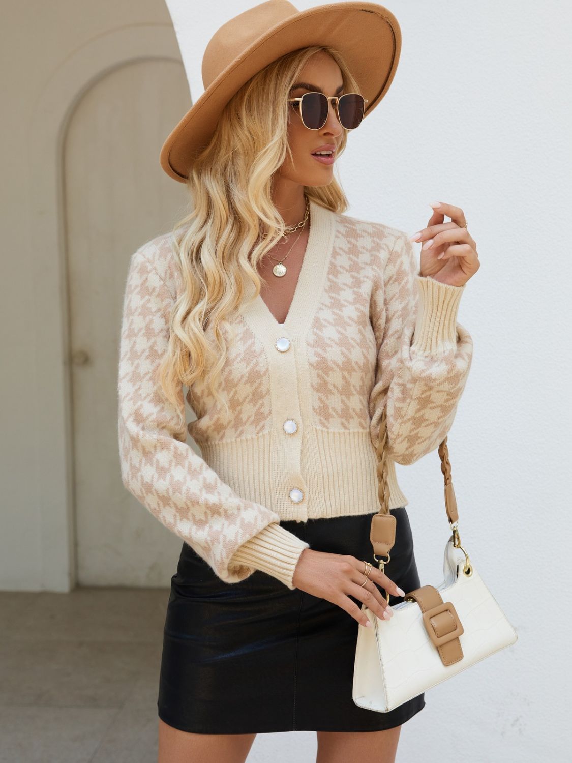 Houndstooth button up long sleeve cardigan