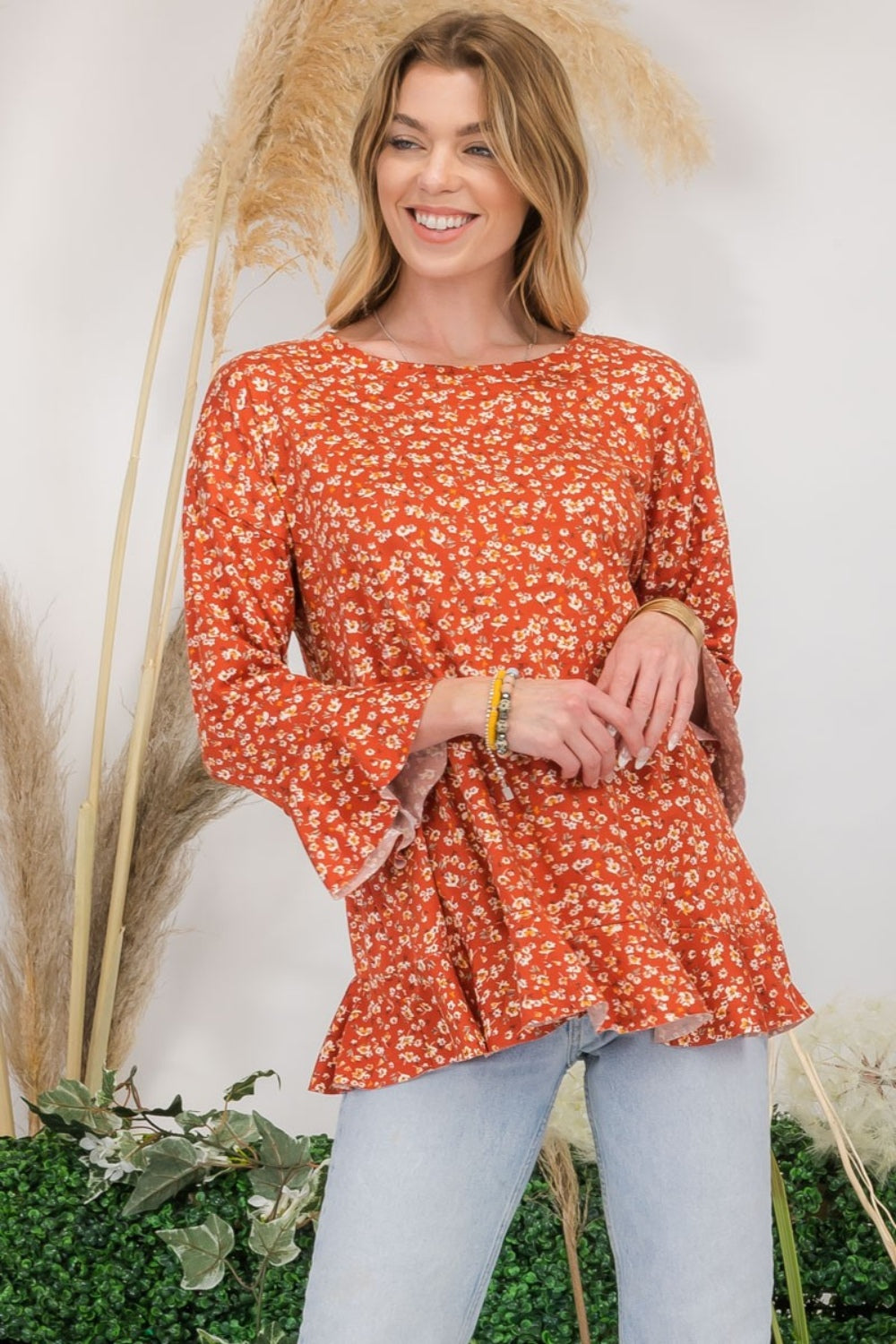 Celeste full size floral ruffle detail top - rust / s