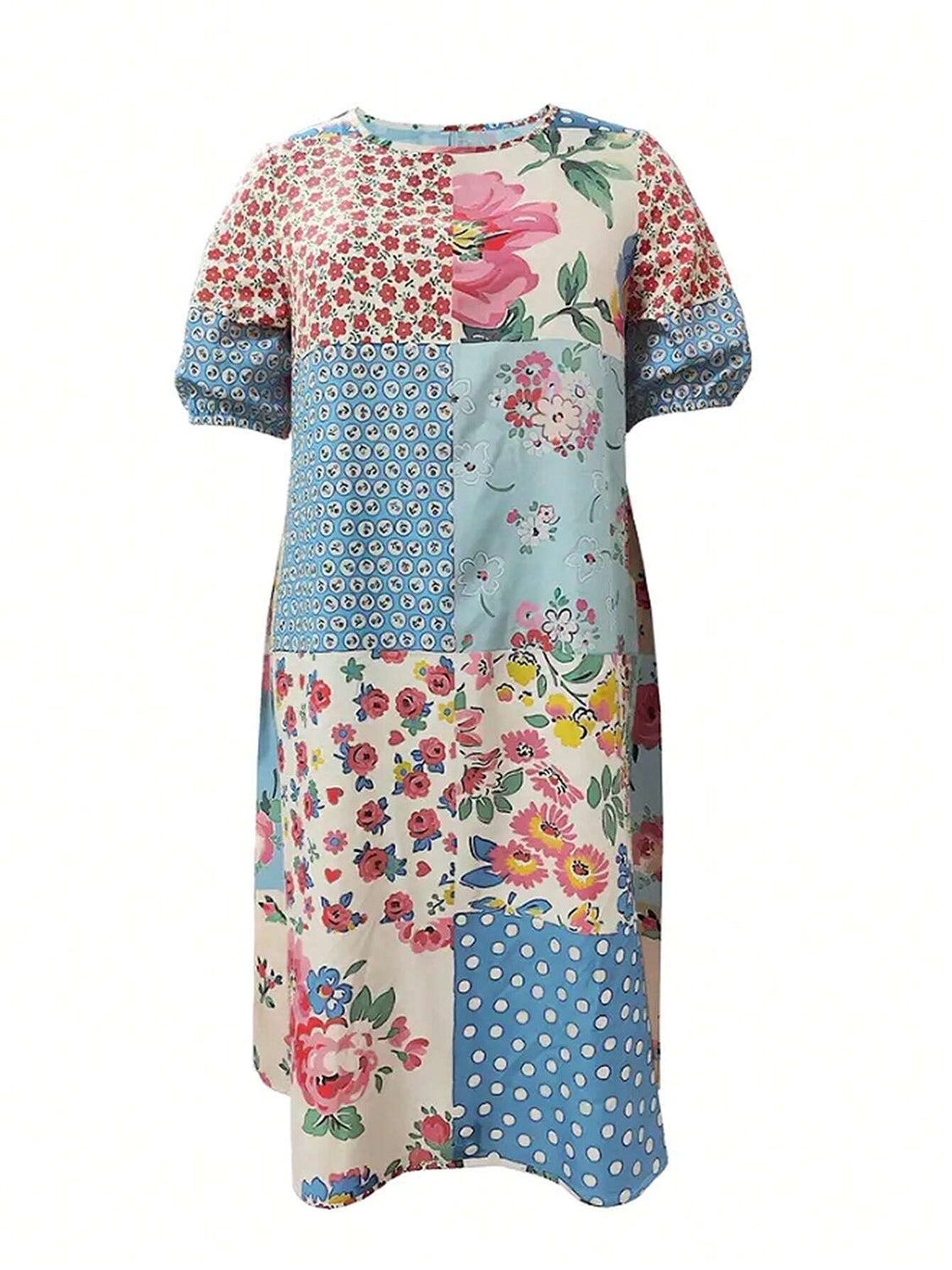 Patchwork printed round neck midi dress