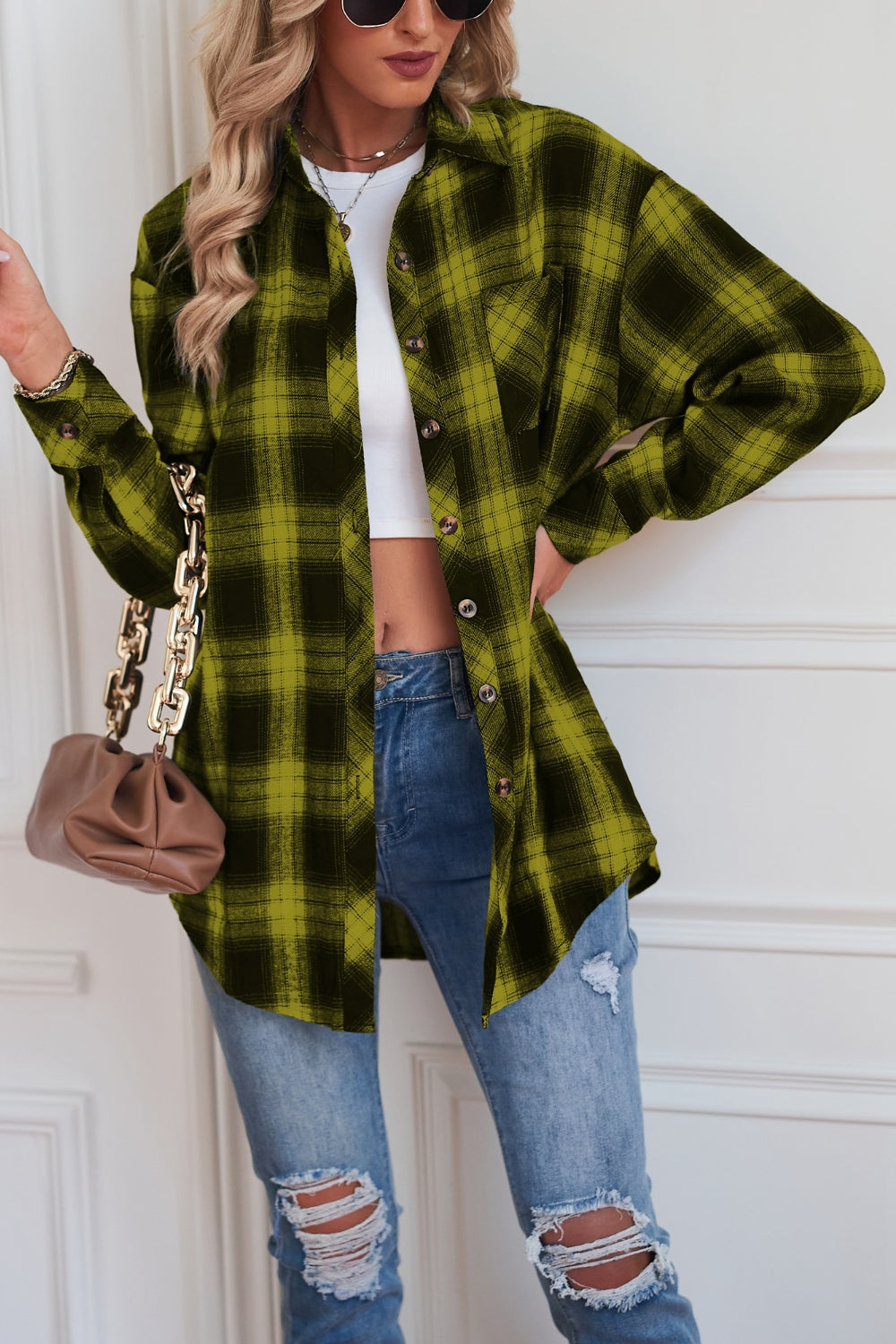 Plaid button up dropped shoulder outerwear - yellow-green / s