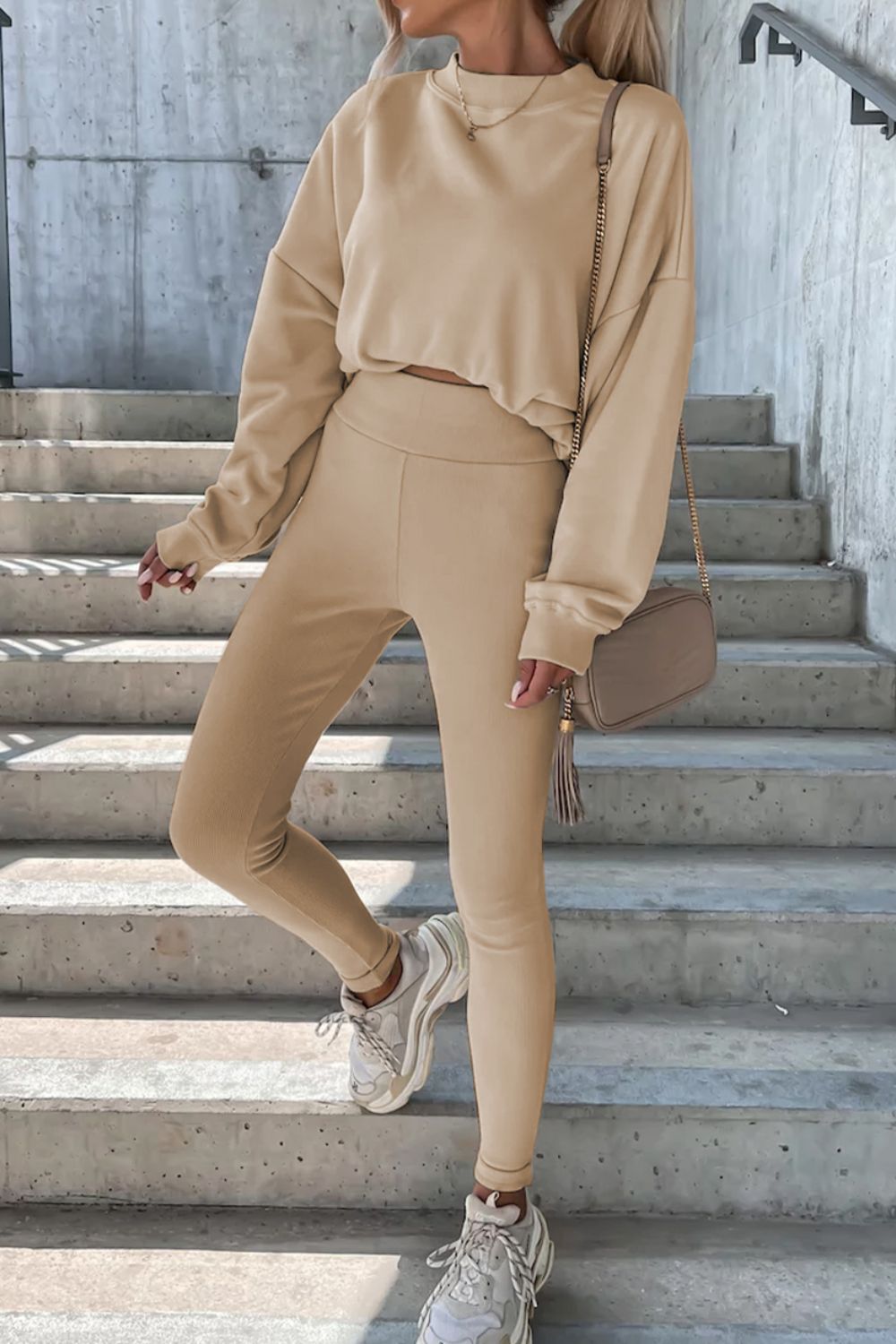 Round neck dropped shoulder sweatshirt and pants set