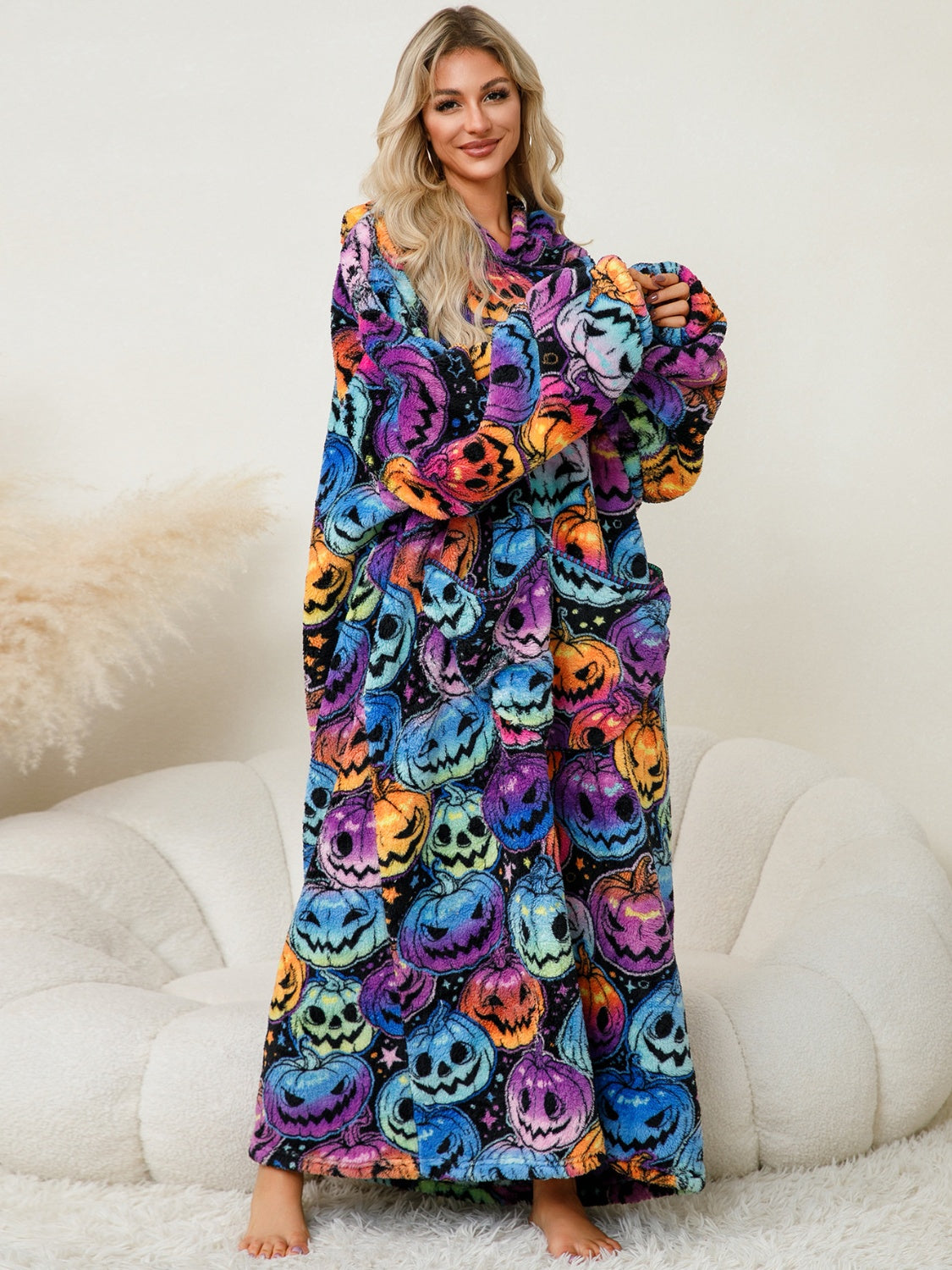 Fuzzy pocketed long sleeve hooded lounge dress