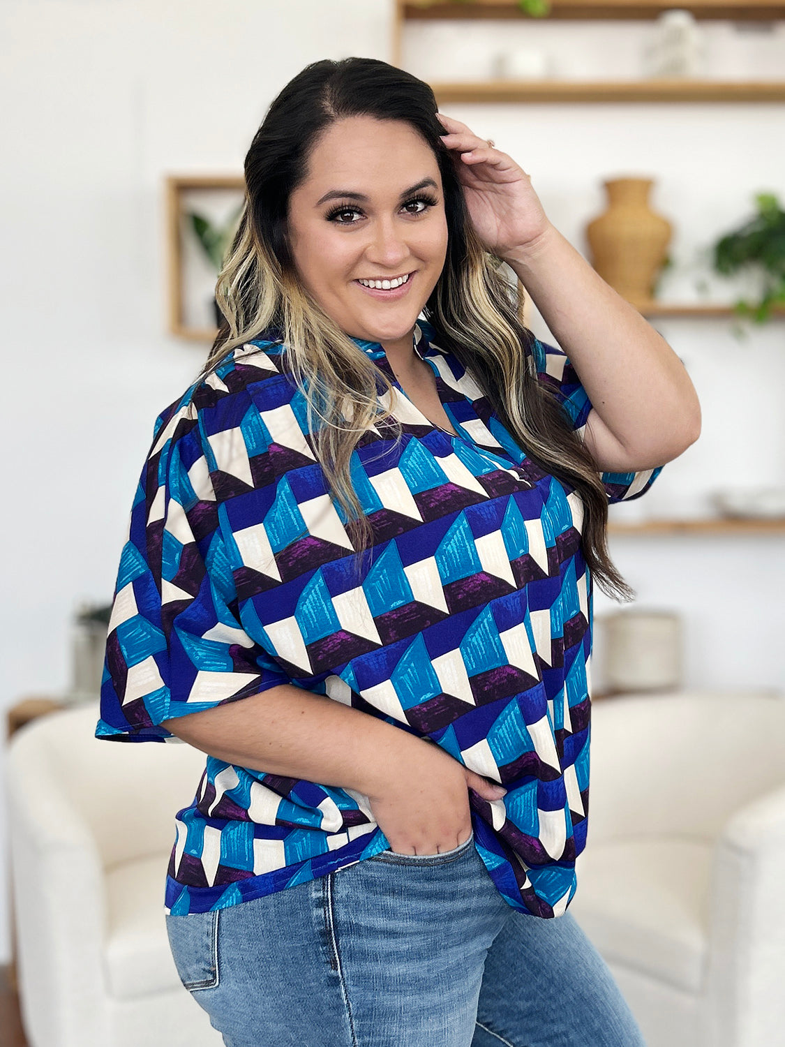 Double take full size geometric notched half sleeve blouse