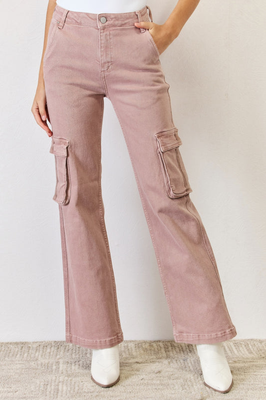 Risen full size high rise cargo wide leg jeans - mauve