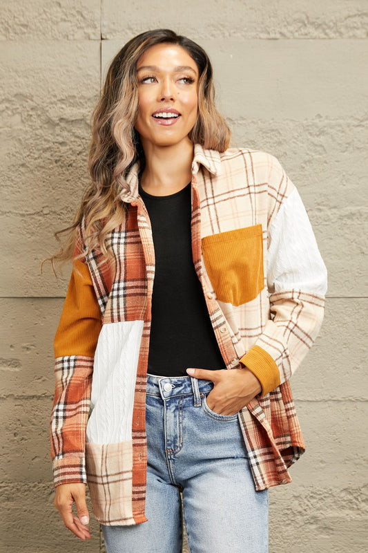 Double take plaid color block dropped shoulder shacket - mustard / s