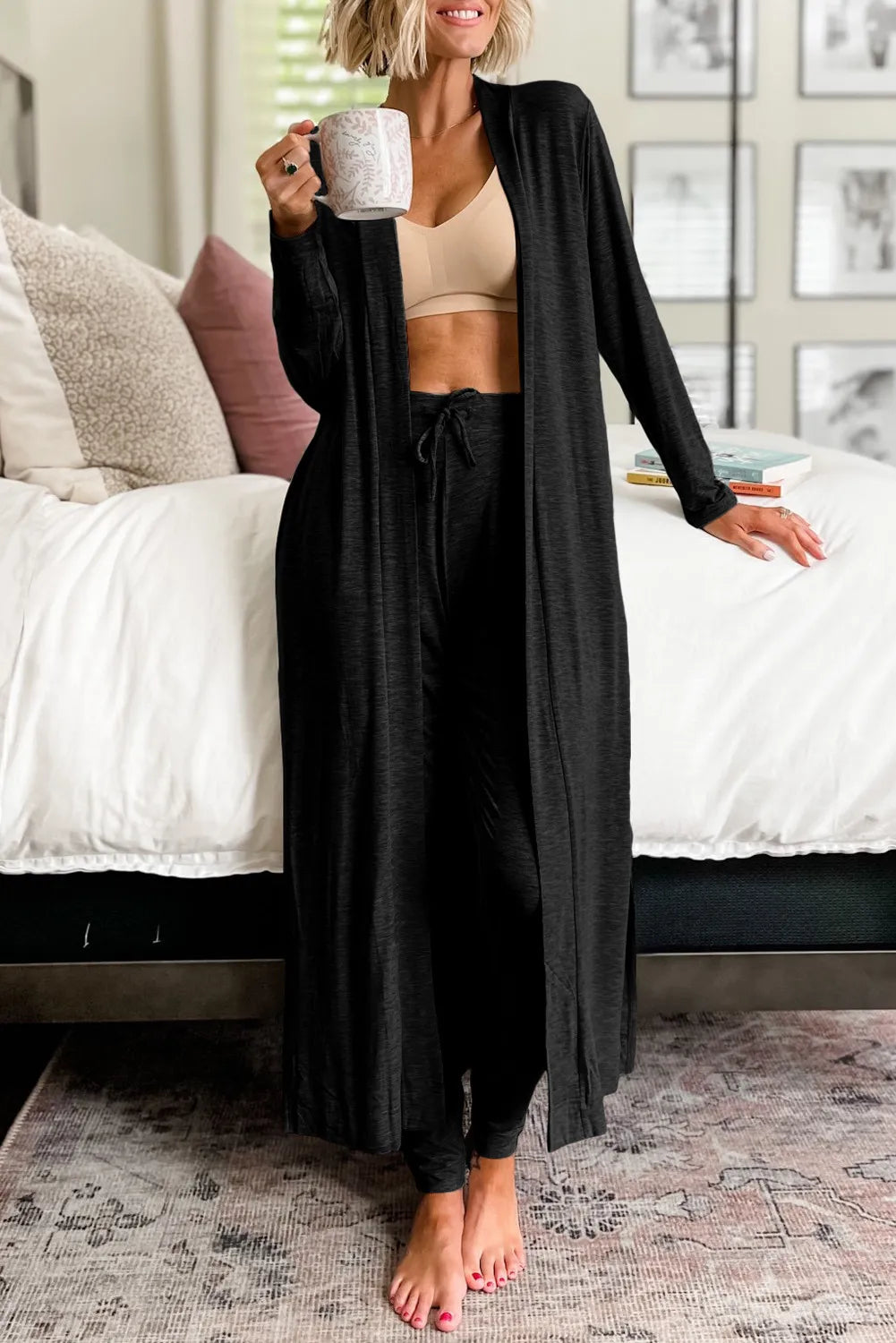 Open front long sleeve cardigan and pants lounge set - black / l