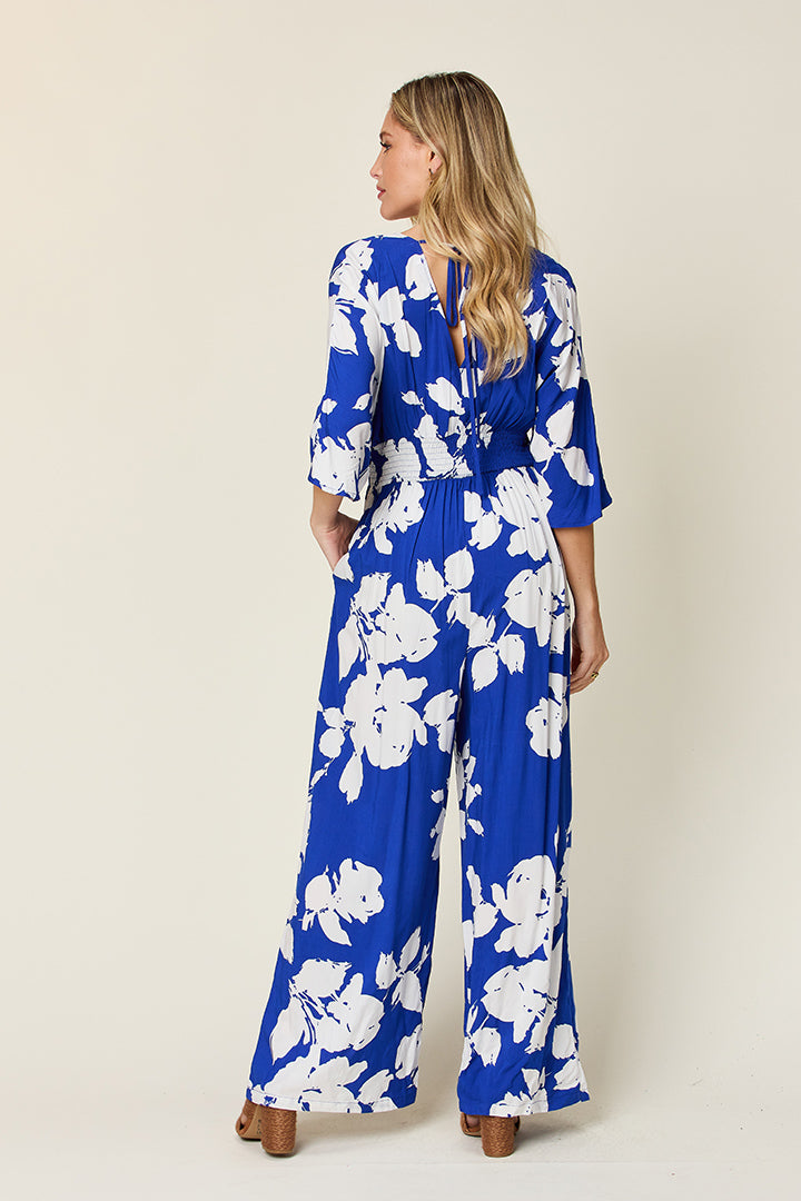 Double take full size printed tie back wide leg jumpsuit