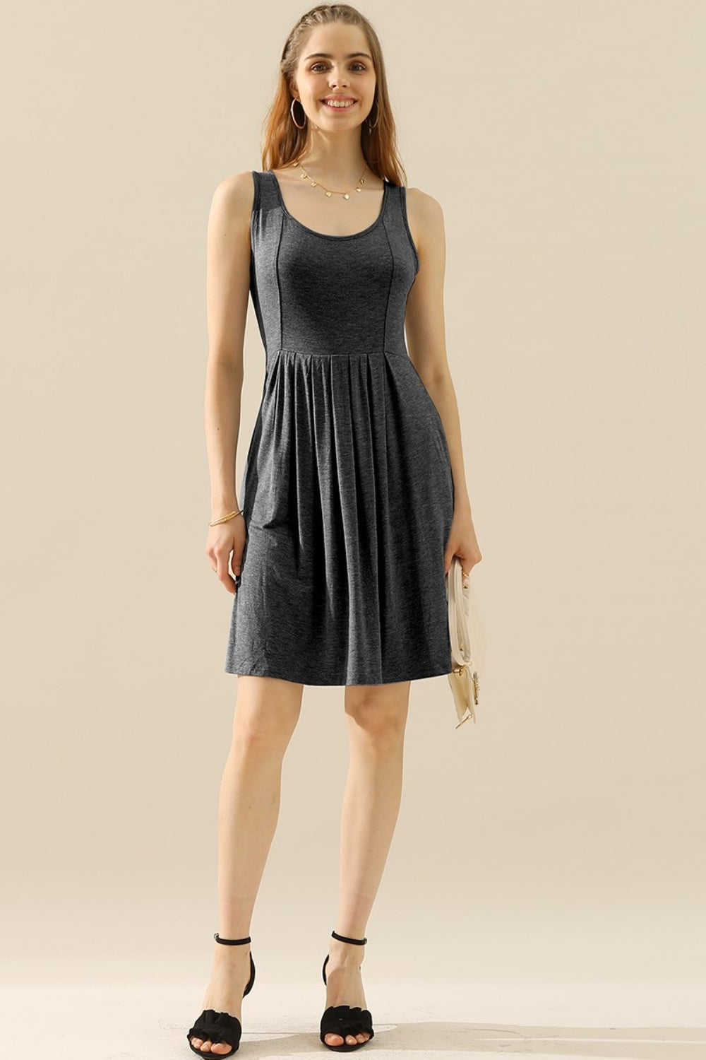 Doublju full size round neck ruched sleeveless dress with pockets