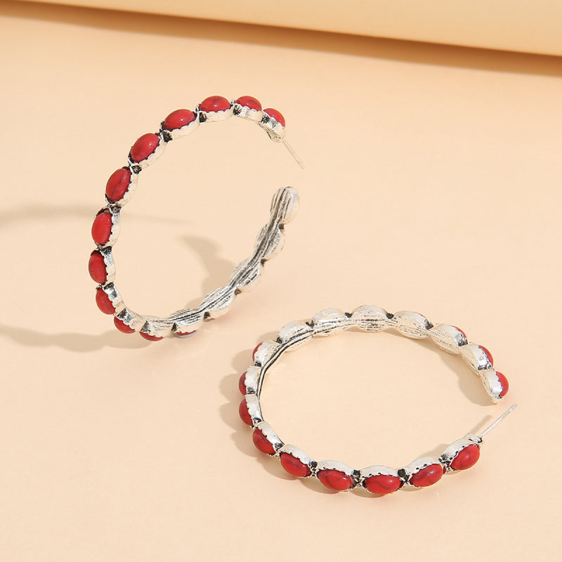 Artificial turquoise c-hoop earrings - red / one size