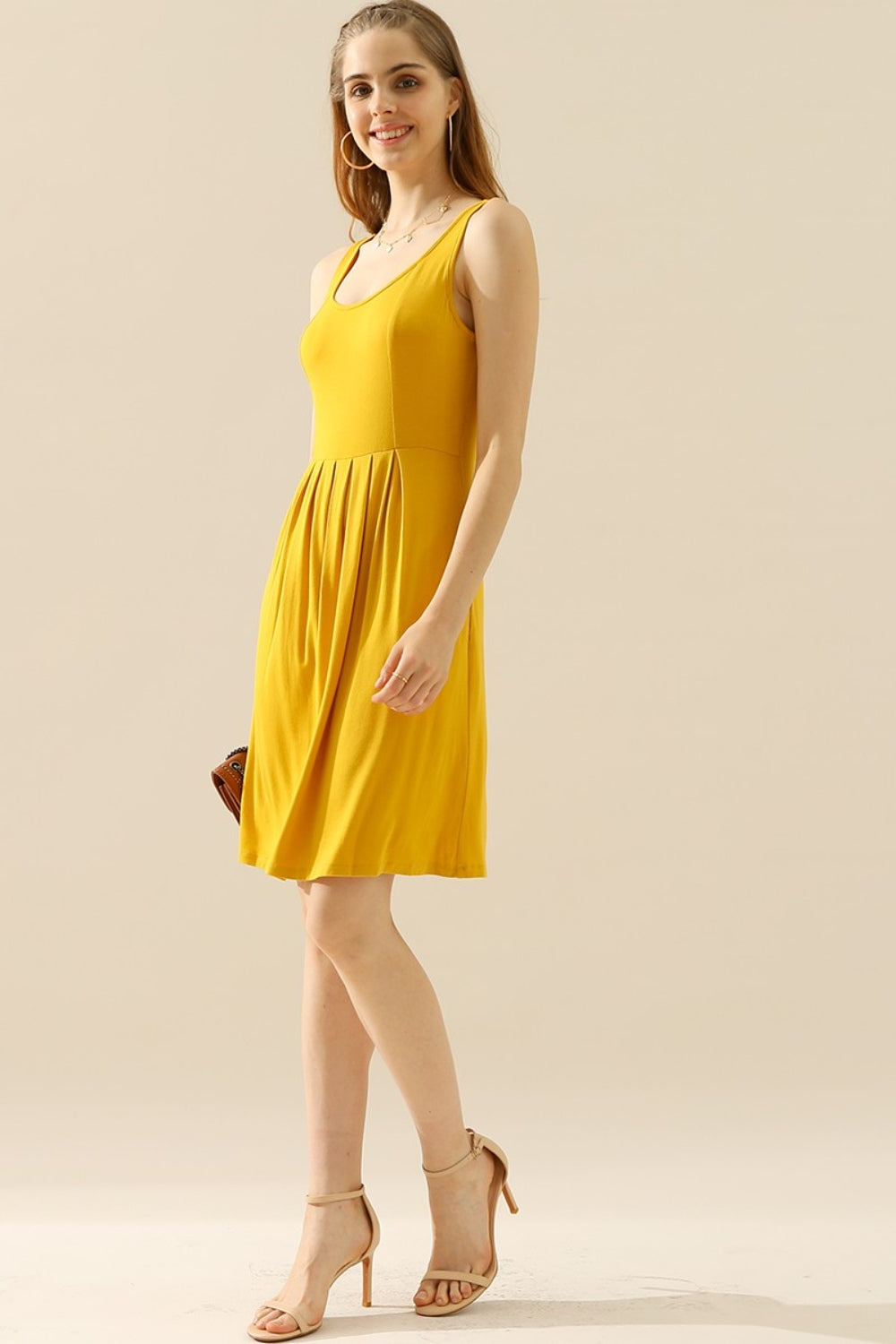 Doublju full size round neck ruched sleeveless dress with pockets