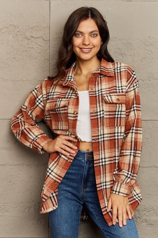 Ninexis full size plaid collared neck button-down long sleeve jacket - terracotta / s