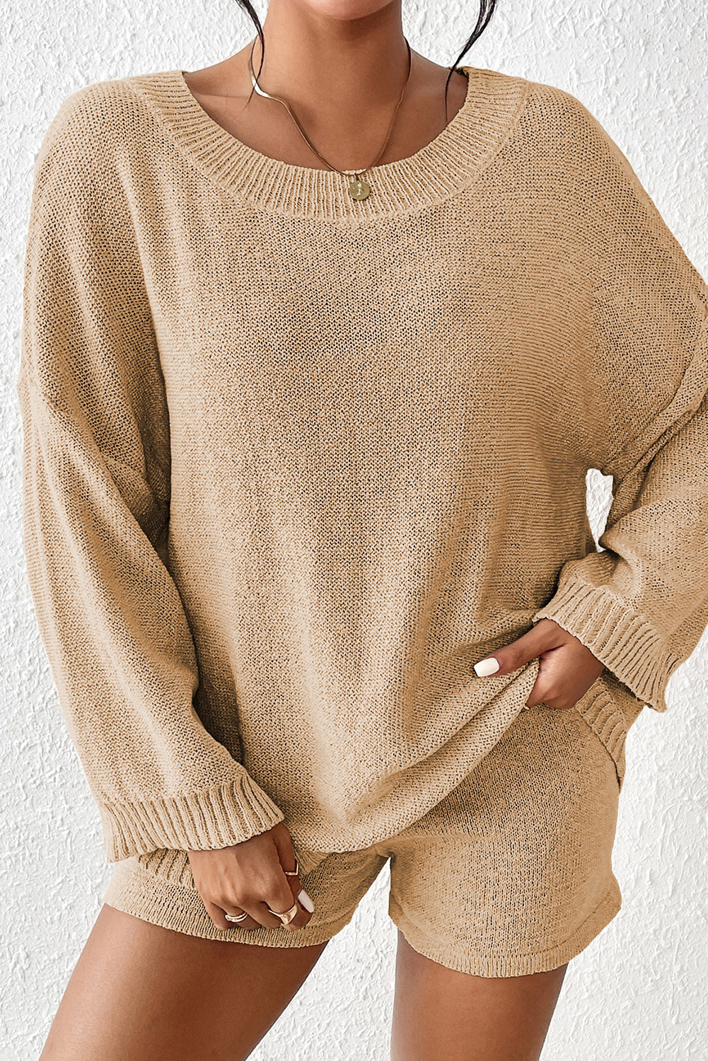 Round neck dropped shoulder sweater and drawstring pants set