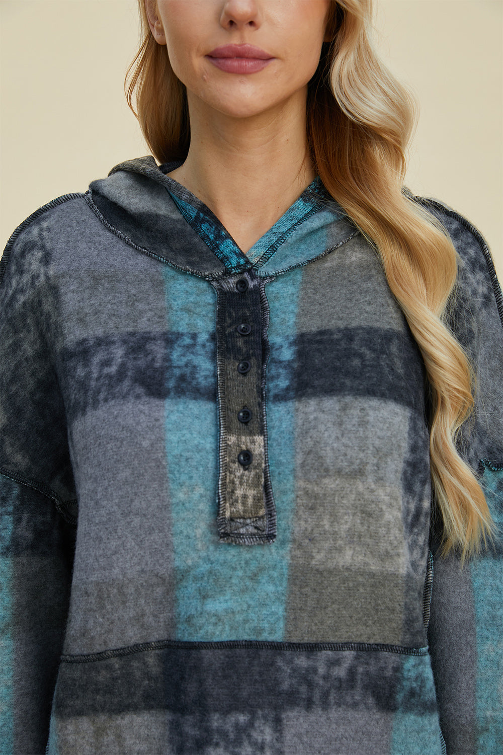 Double take full size plaid dropped shoulder hoodie