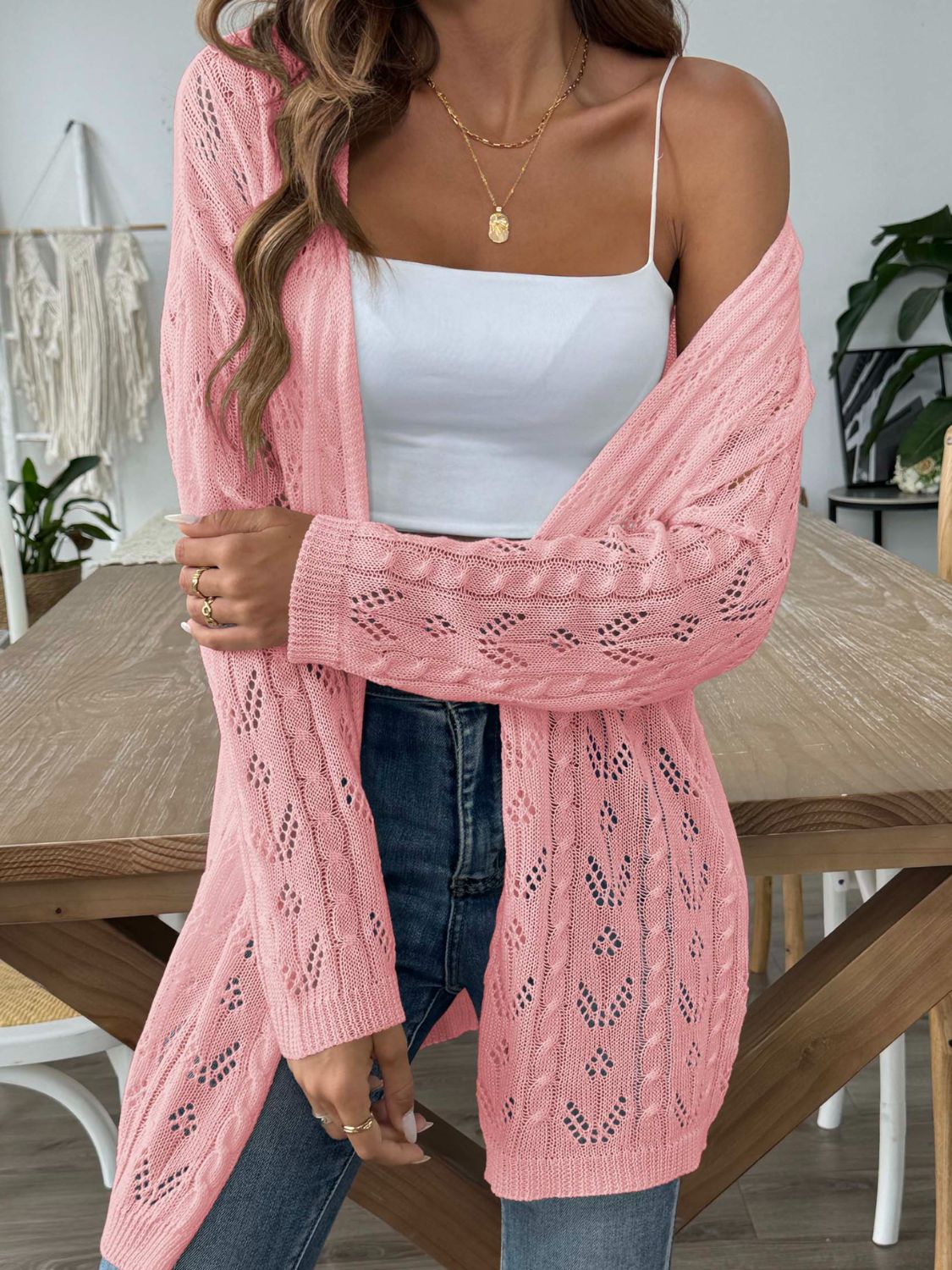 Openwork open front long sleeve cardigan