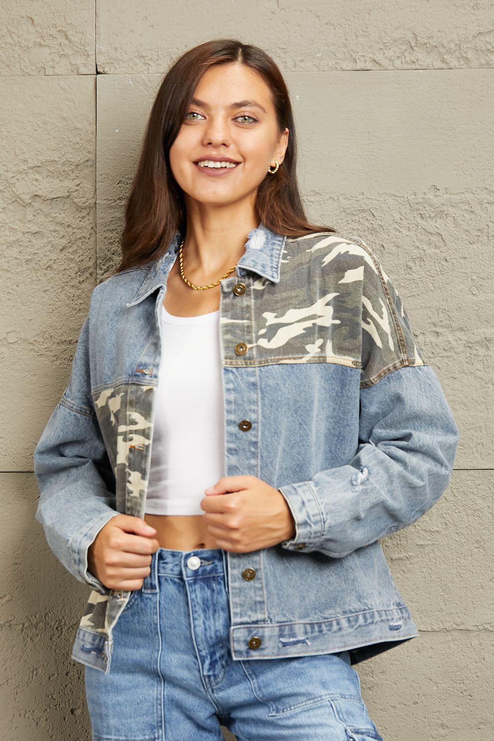 Geegee full size washed denim camo contrast jacket - light / s