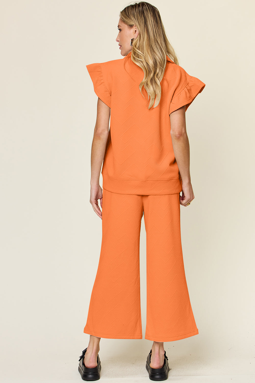 Double take texture ruffle short sleeve top and drawstring wide leg pants set