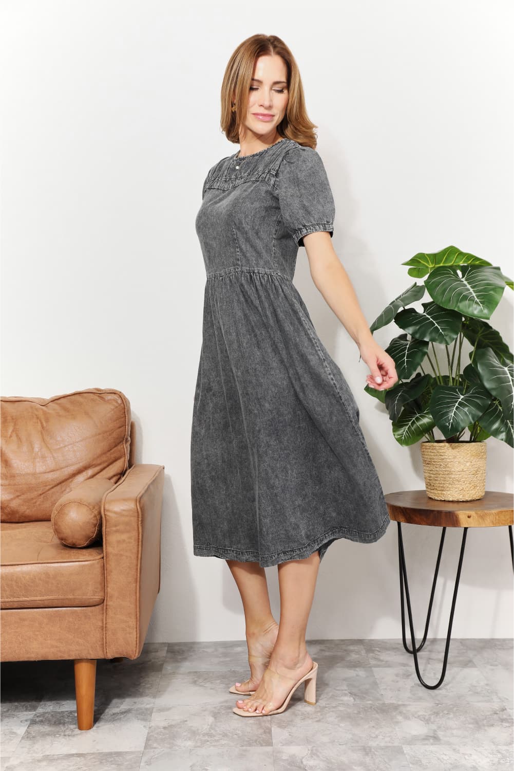 And the why full size washed chambray midi dress