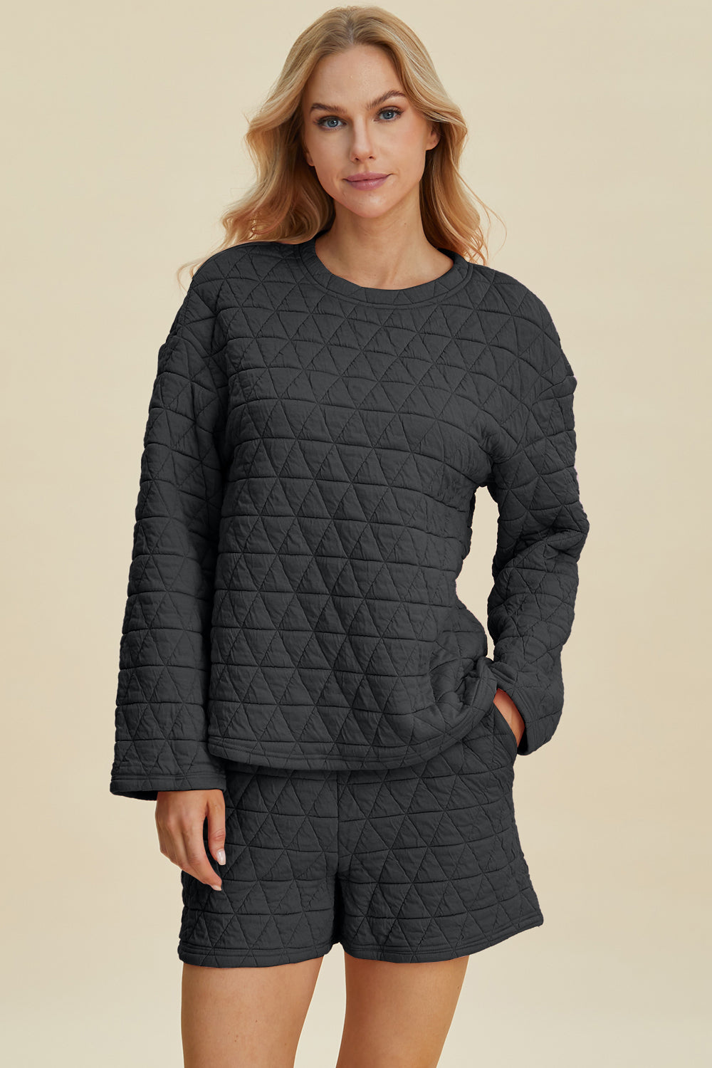 Double take full size texture round neck long sleeve top and shorts set - black / s