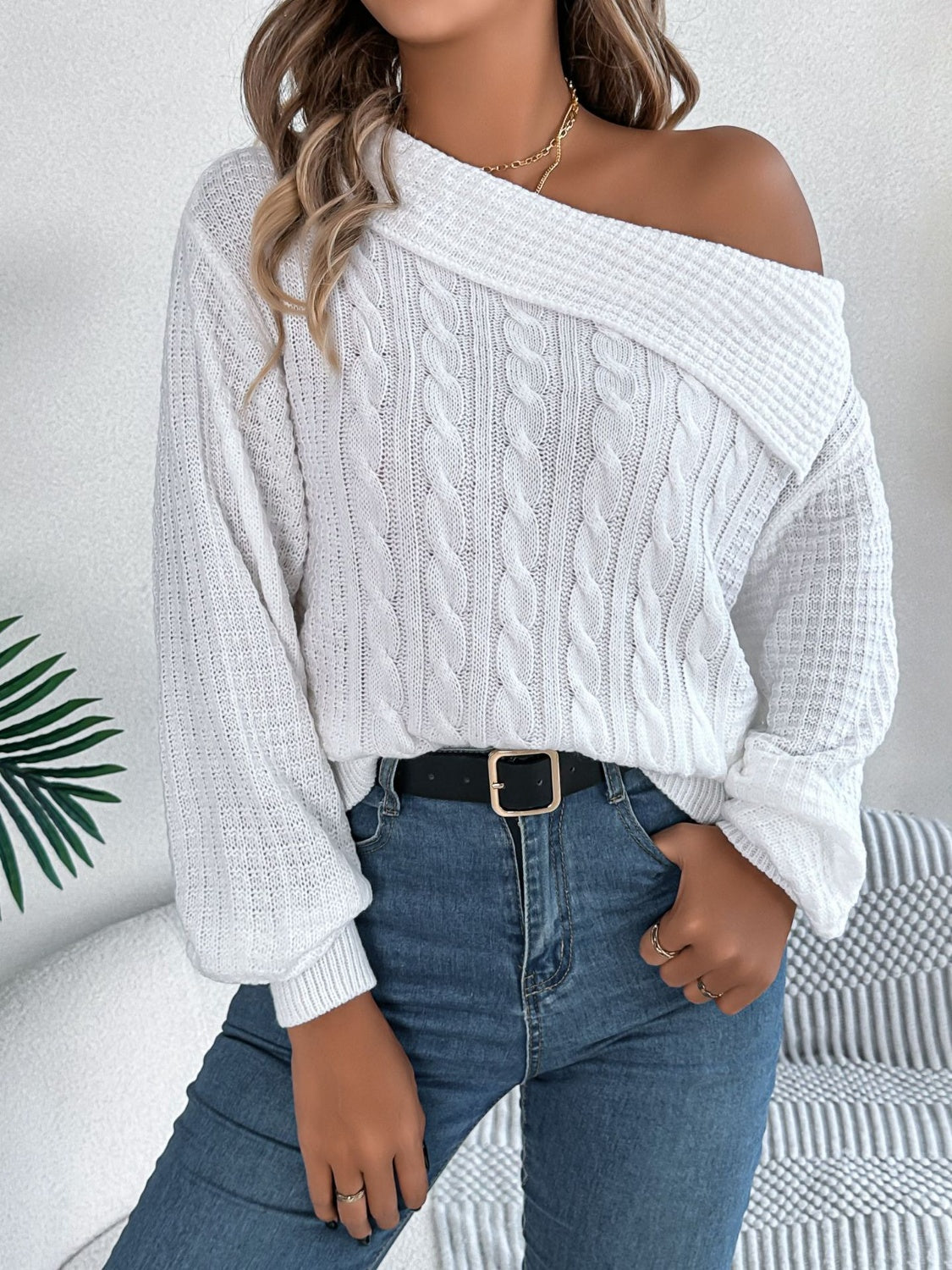 Cable-knit one shoulder long sleeve sweater