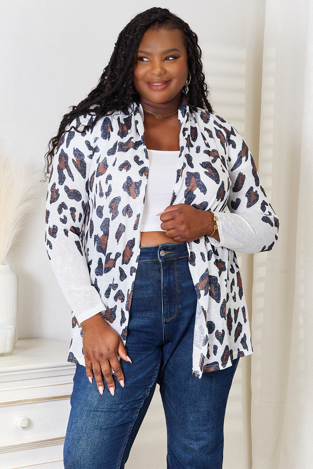 Double take leopard long sleeve cardigan - white / s