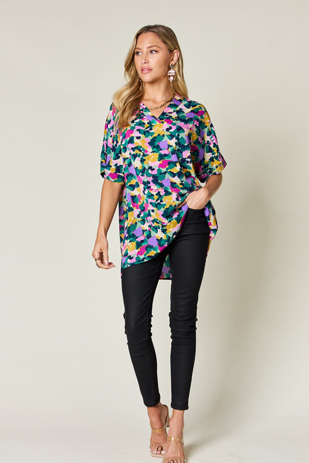 Double take full size printed v-neck short sleeve side slit top