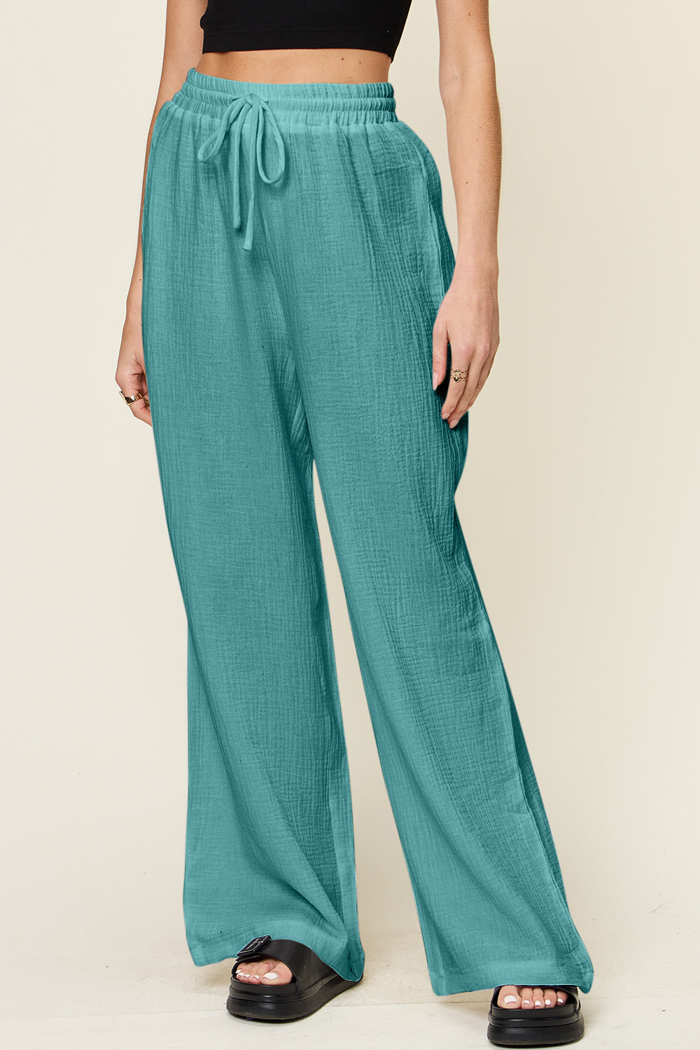 Double take full size texture drawstring wide leg pants - cerulean / s