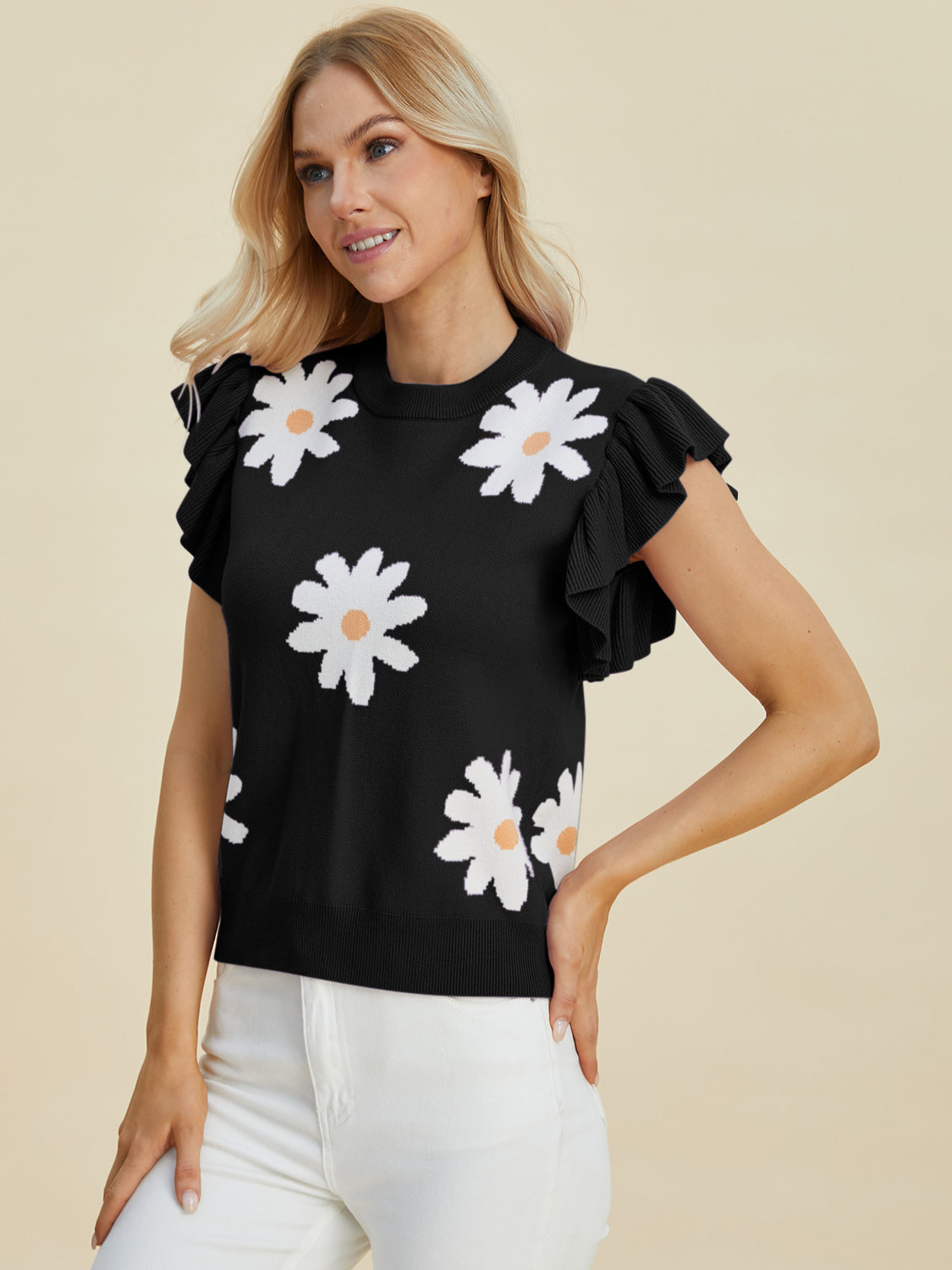 Double take full size ruffled flower round neck cap sleeve sweater