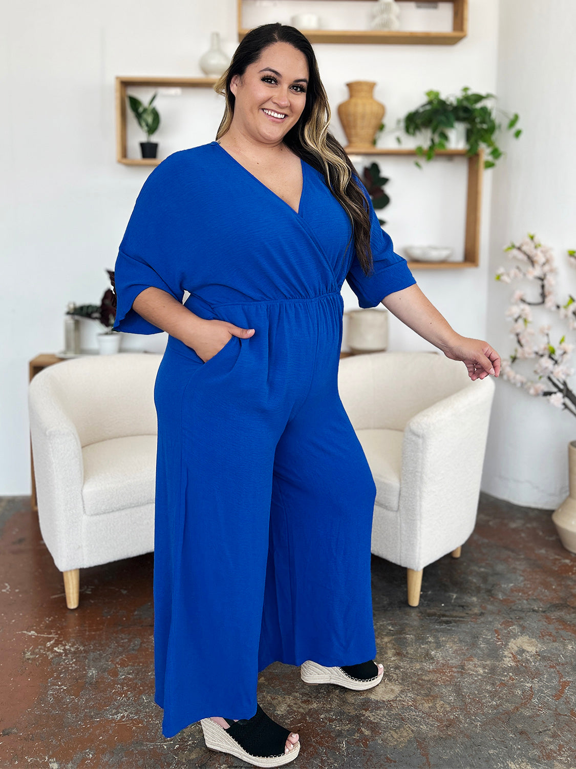 Double take full size surplice wide leg jumpsuit with pockets