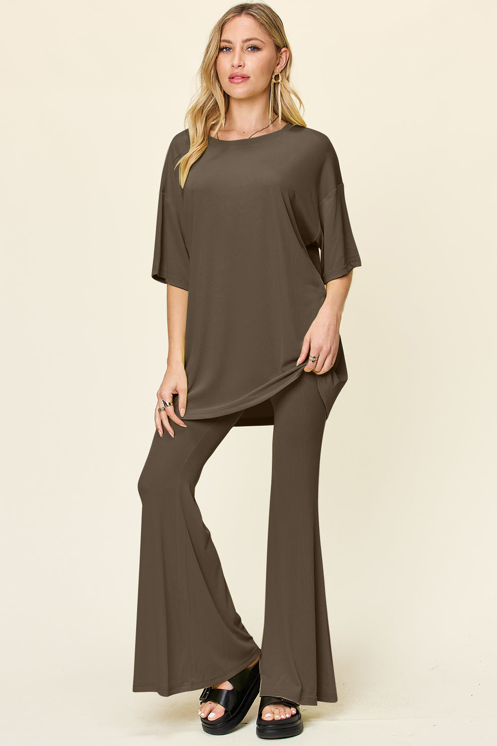 Double take full size round neck drop shoulder t-shirt and flare pants set - mocha / s