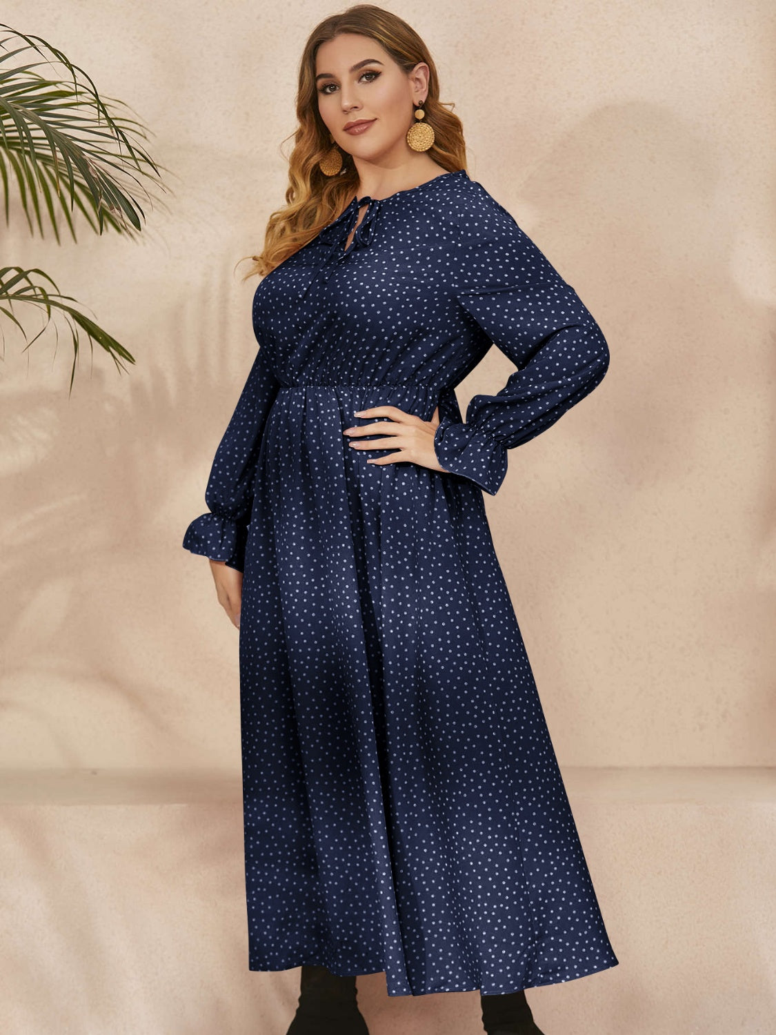 Plus size ruffled polka dot long sleeve midi dress