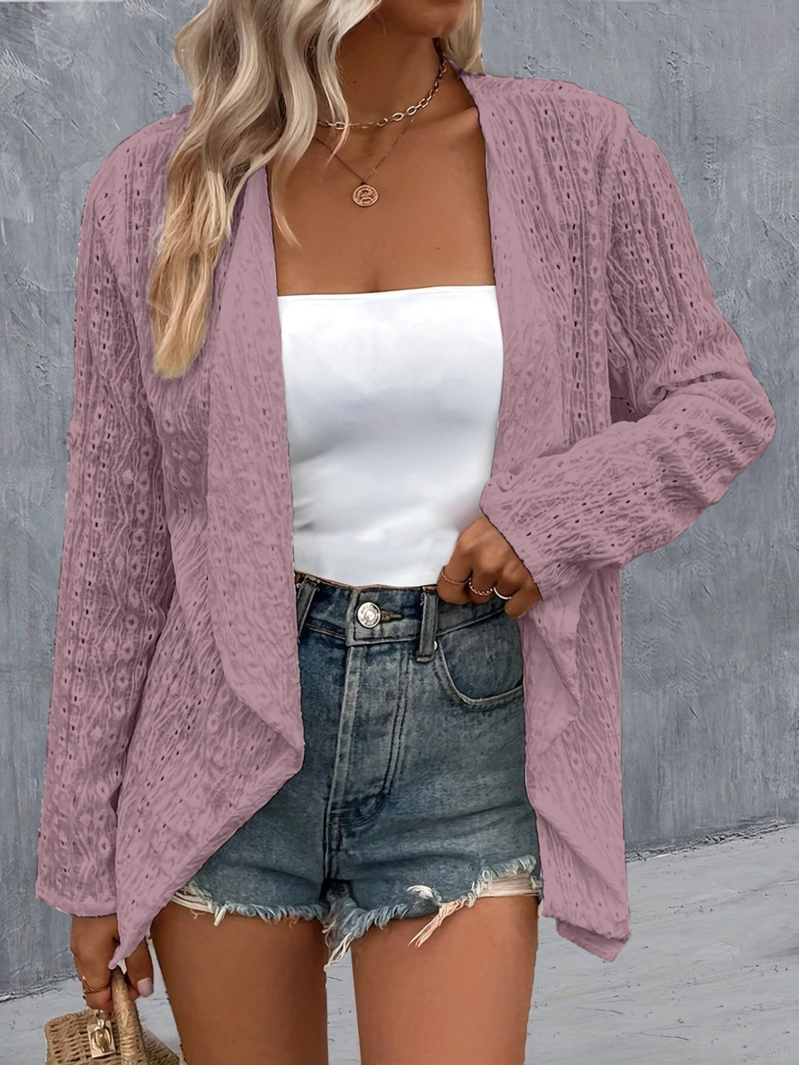 Eyelet roll-tab sleeve cardigan