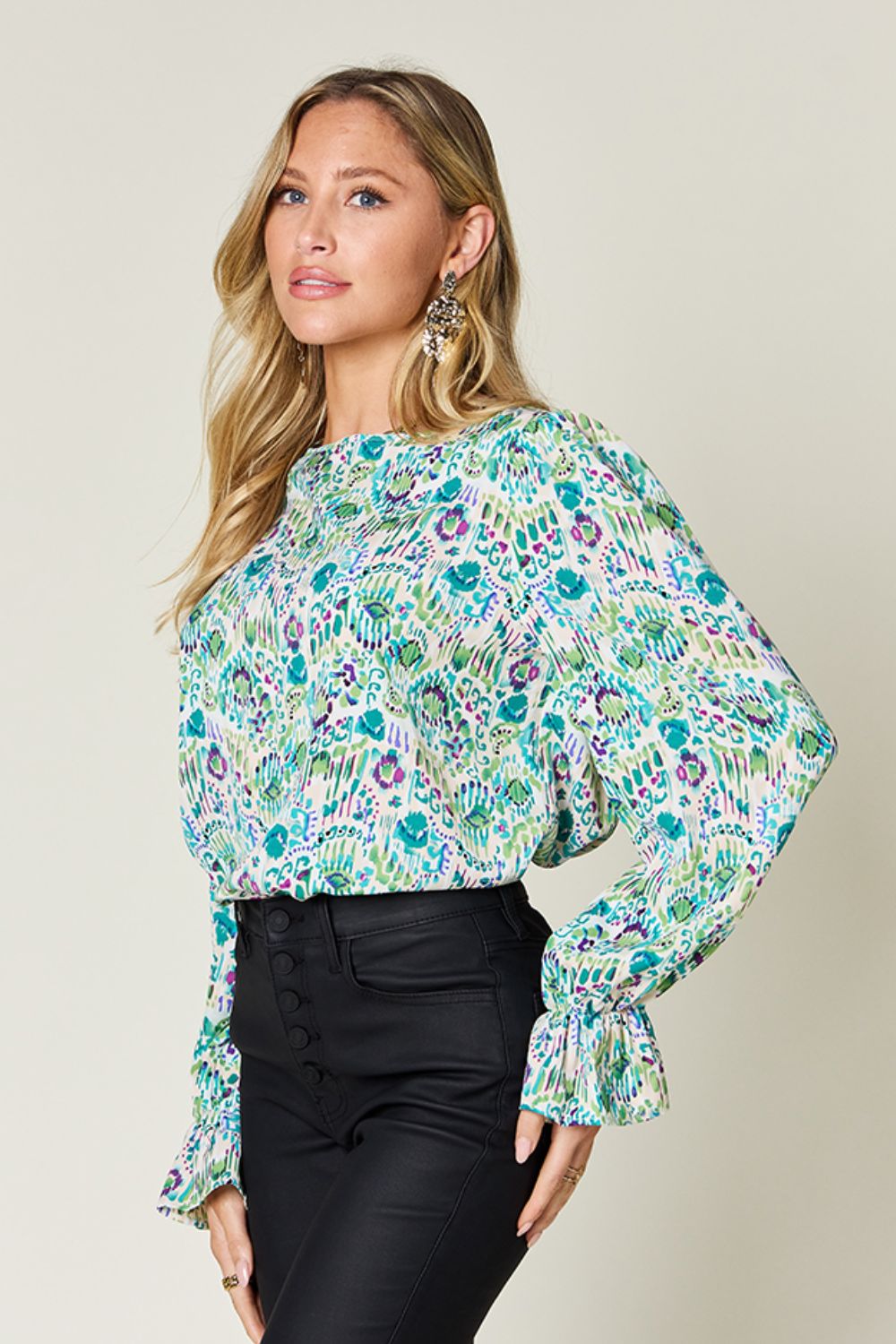 Double take full size printed flounce sleeve blouse