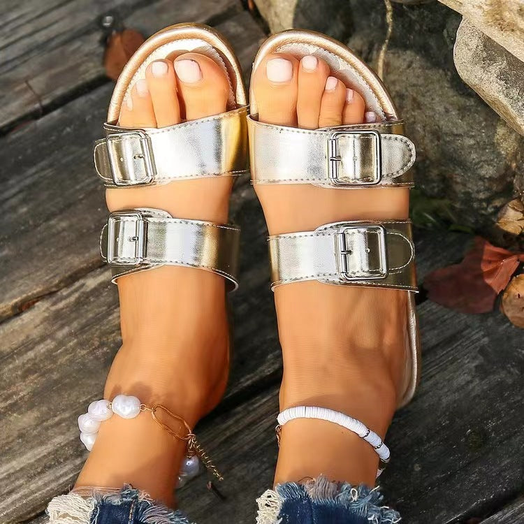 Open toe double buckle sandals