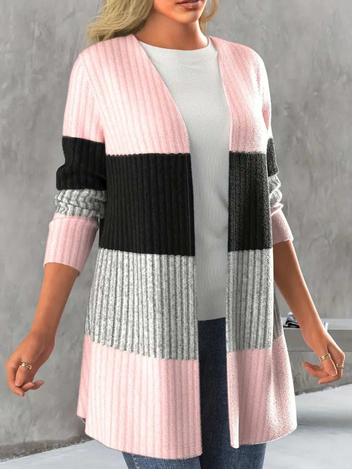 Color block open front long sleeve cardigan