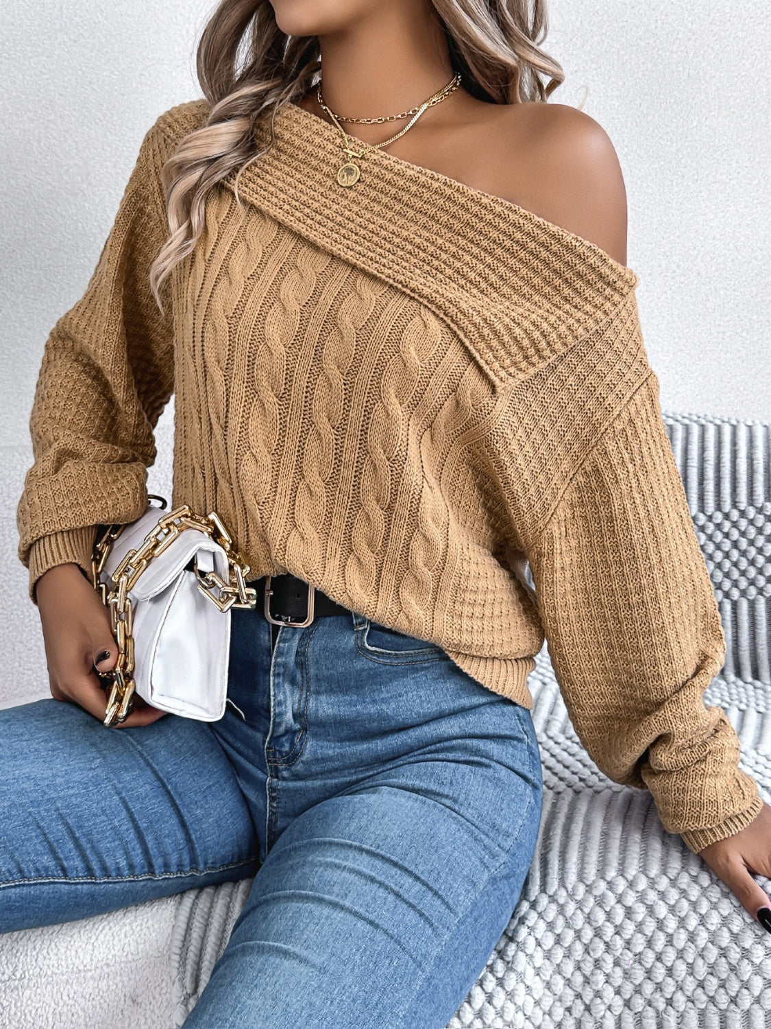 Cable-knit one shoulder long sleeve sweater