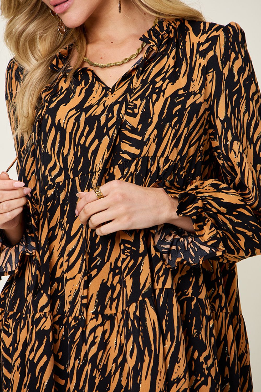 Double take full size printed ruffle hem long sleeve dress