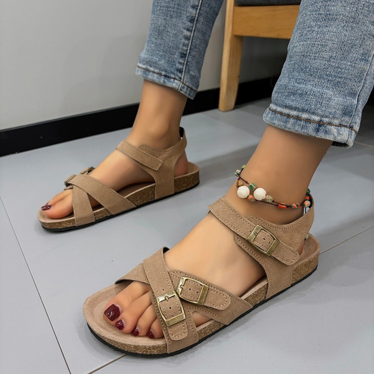 Open toe flat buckle sandals - khaki / 36(us5)