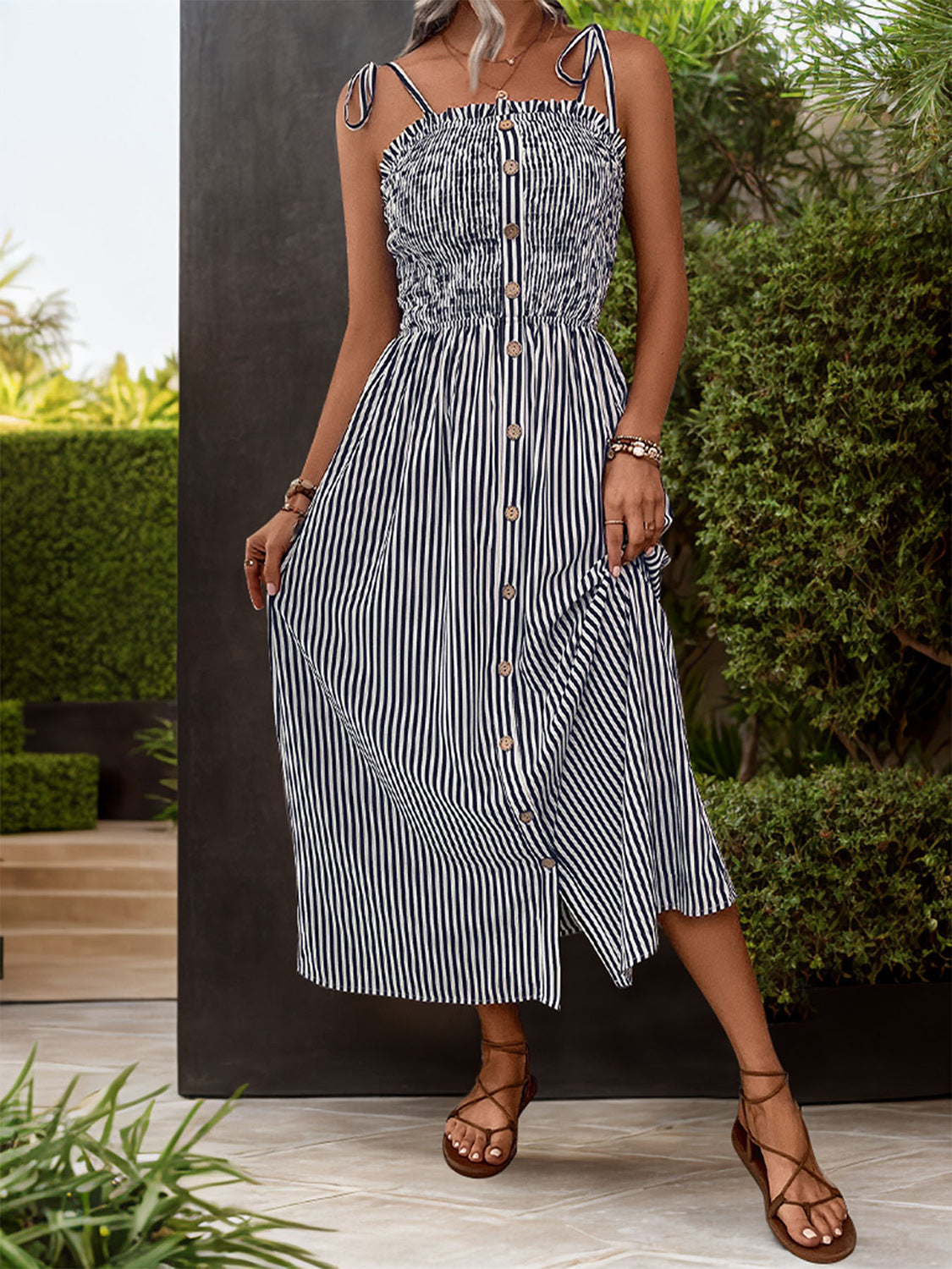 Tied smocked striped sleeveless midi dress