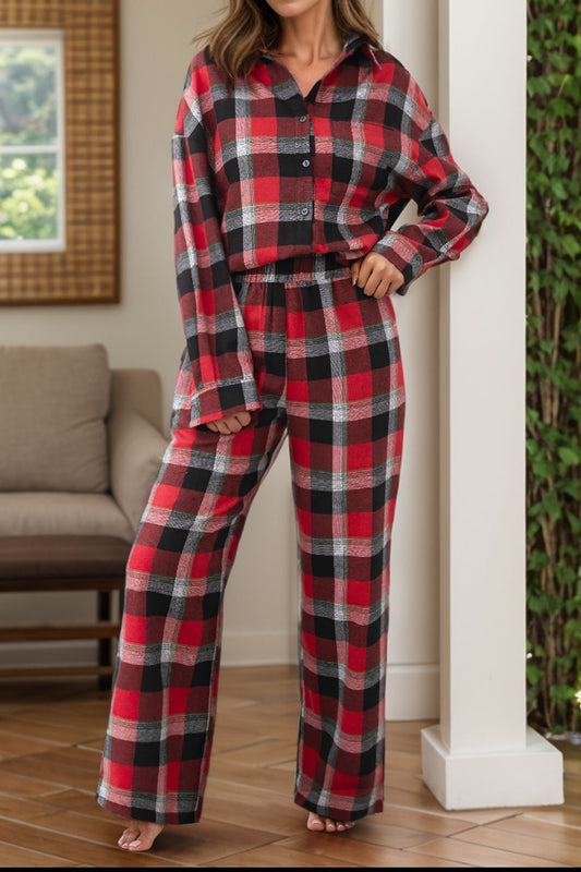 Plaid long sleeve top and pants lounge set - scarlet / s