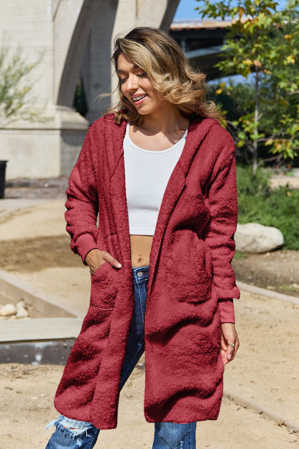 Double take full size hooded teddy bear jacket with thumbholes - deep red / s