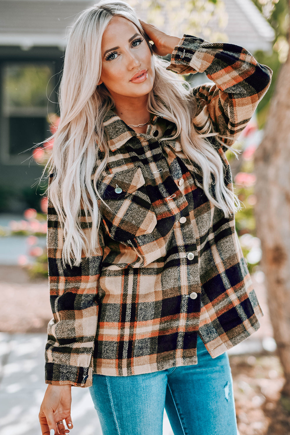 Double take plaid button front shirt jacket with breast pockets