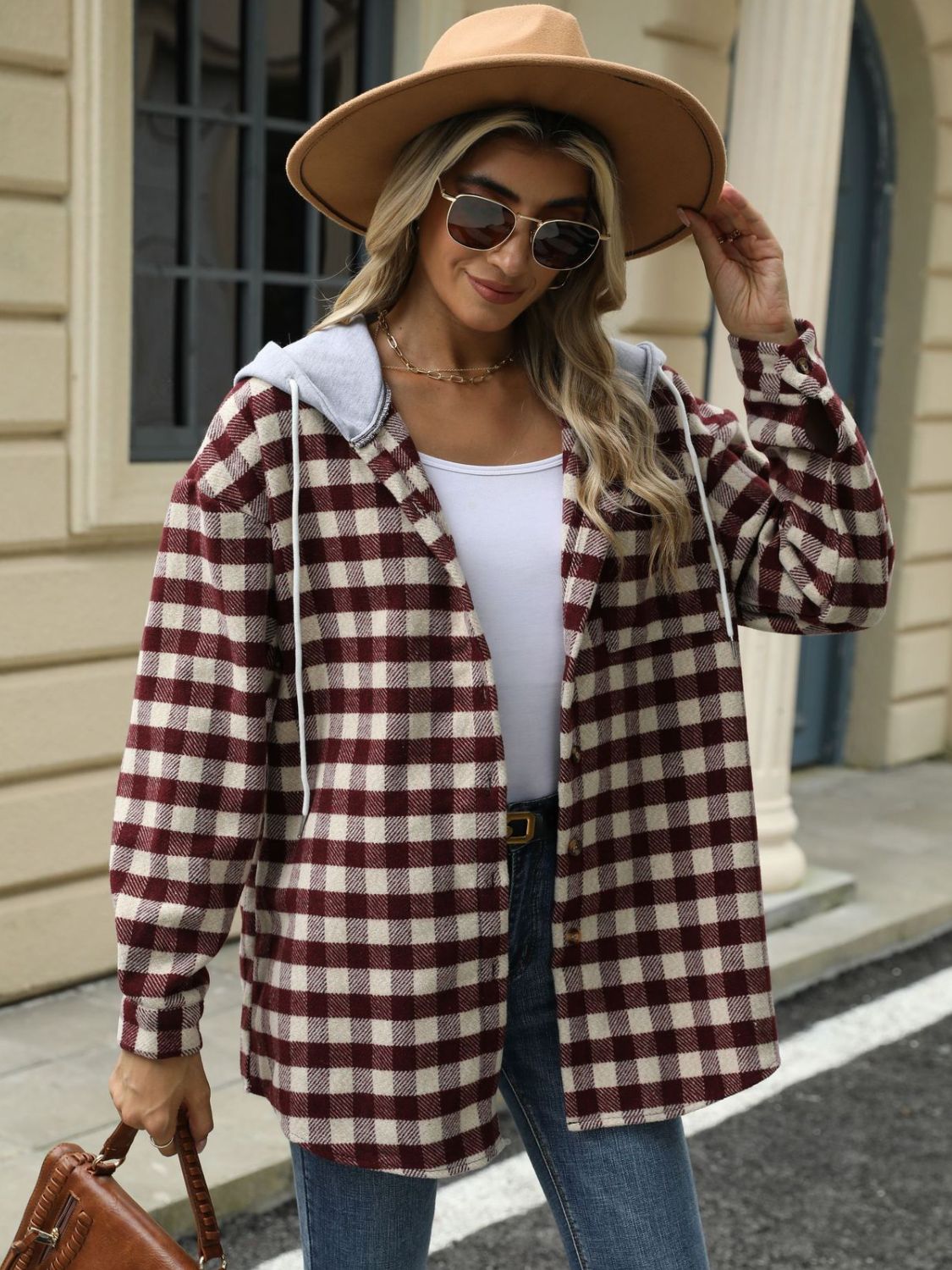 Drawstring plaid long sleeve hooded jacket