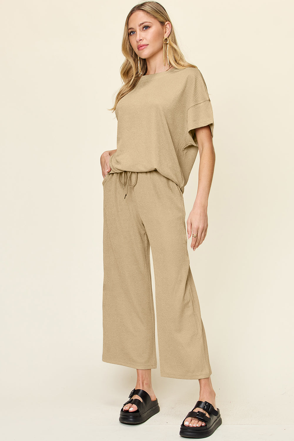 Double take full size texture round neck short sleeve t-shirt and wide leg pants